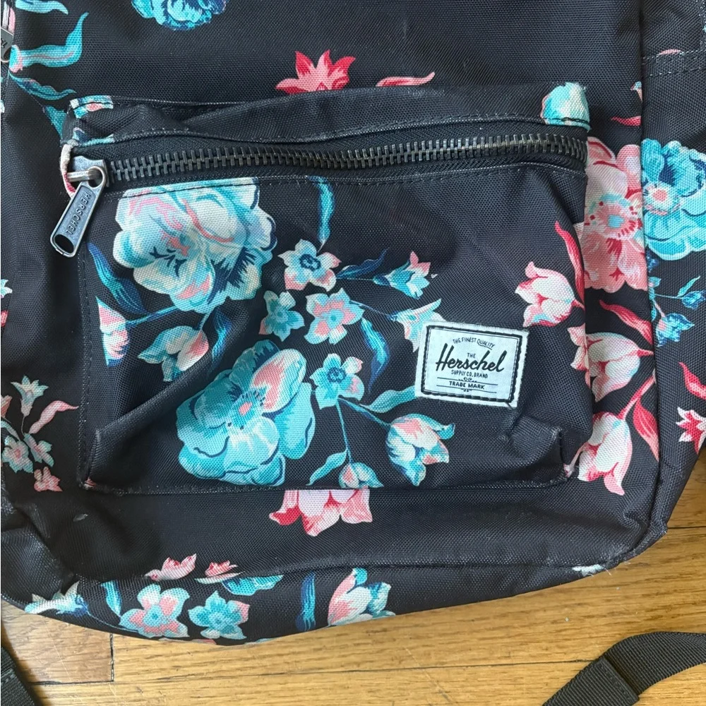 Herschel Backpack Black w/ Multicolor Floral Pattern Striped Lining Front Pocket